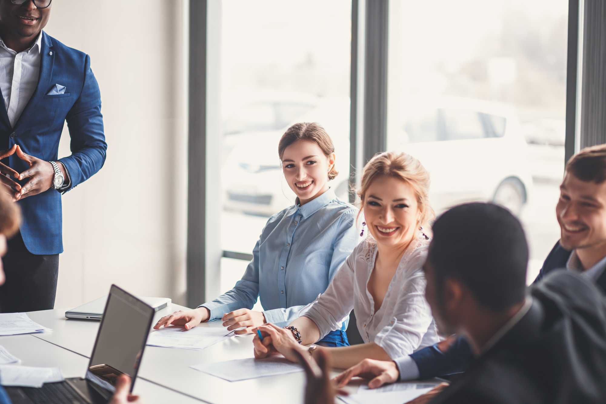 team meeting, happy, midfield, taupe